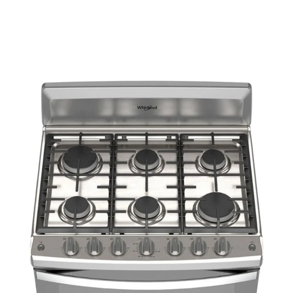Estufa Whirlpool 30 pulg de piso, gas de 6 quemadores, parrillas de hierro fundido, encendido electrónico y horno con luz interior. En Titán Panamá.