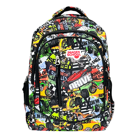 Mochila Escolar 17" Imagen School / Estampado Motociclista / Niño / Surtido