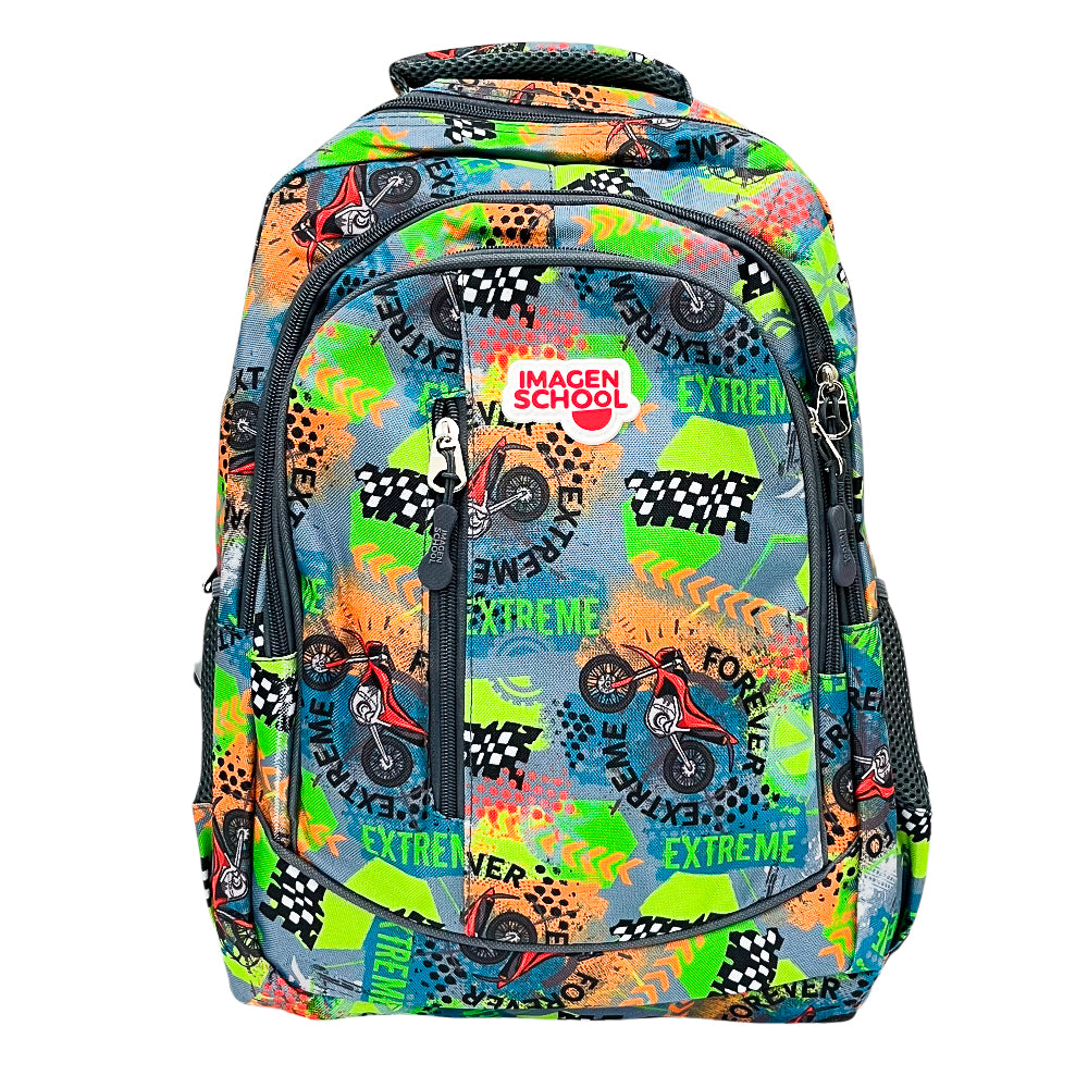 Mochila Escolar 17" Imagen School / Estampado Motociclista / Niño / Surtido