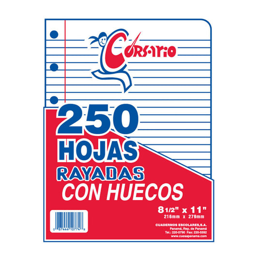 Resma de 250 Hojas de Rayas Corsario Con Huecos 8 1/2" x 11"