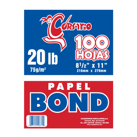 Resma de 100 Hojas Blancas Bond Corsario 8 1/2" x 11" 20 Lb