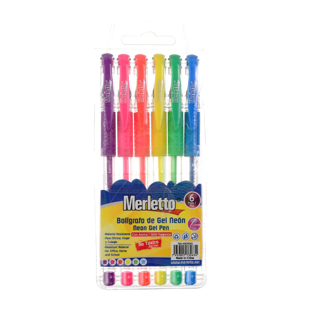 Bolígrafos Merletto Gel Neón 0.8 mm de 6 Piezas