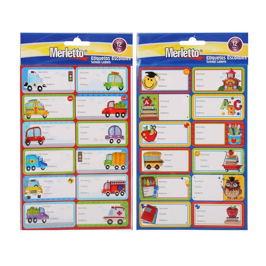Etiquetas Escolares Merletto diseños Para Niños de 12 Piezas