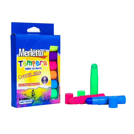 Crayones Lavables Merletto Témpera Solida en Barra Neón de 6 Colores