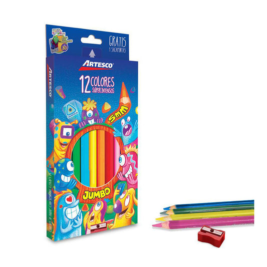 Lápices de Colores Artesco Triangular Con Sacapuntas Jumbo 12 Colores
