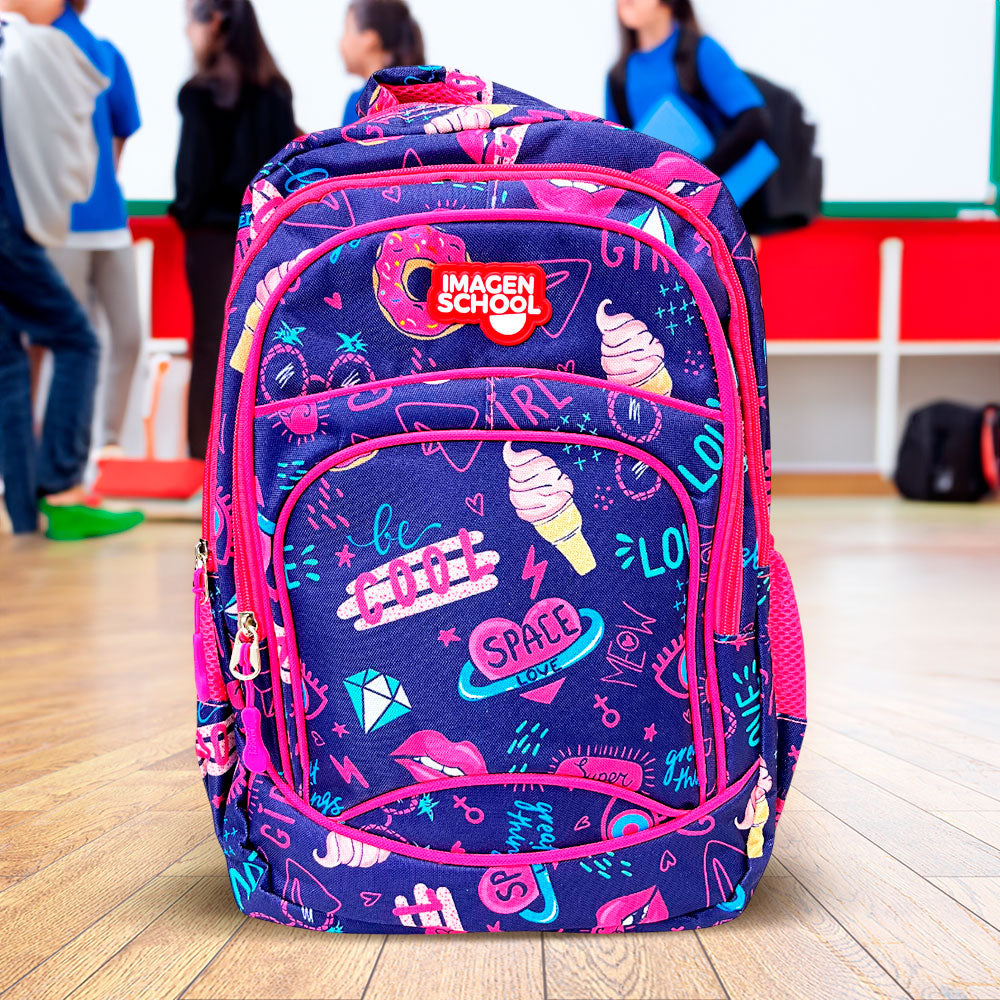 Mochila Escolar Imagen School Par Niña / Estampada / 3 Compartimiento / Surtida