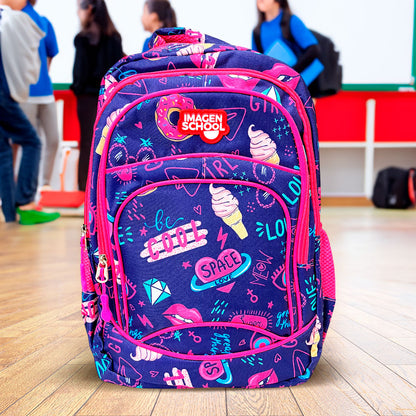 Mochila Escolar Imagen School Par Niña / Estampada / 3 Compartimiento / Surtida