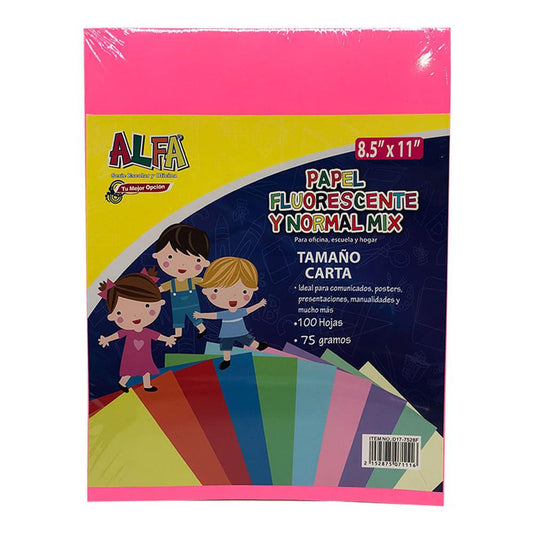 Papel Fluorescente Alfa 8.5" x 11" de 100 Hojas