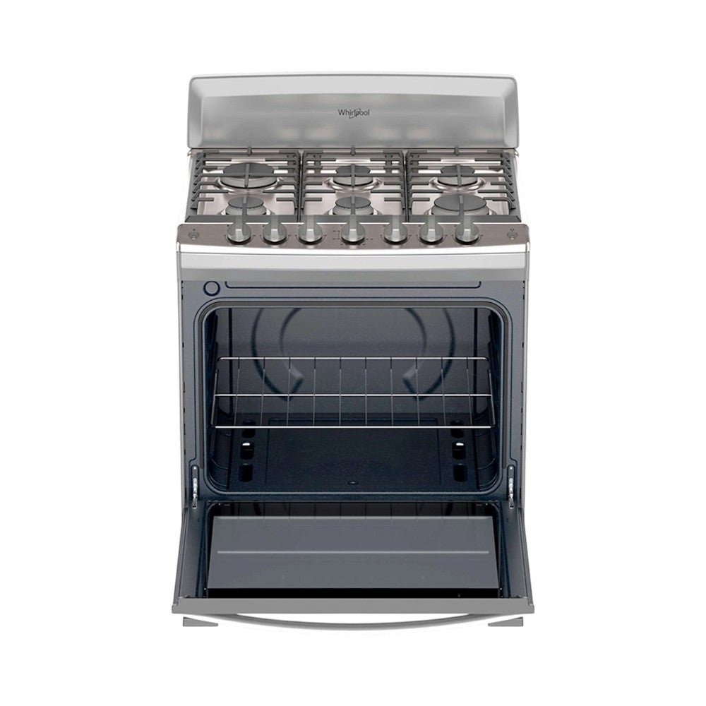 Estufa Whirlpool 30 pulg de piso, gas de 6 quemadores, parrillas de hierro fundido, encendido electrónico y horno con luz interior. En Titán Panamá.