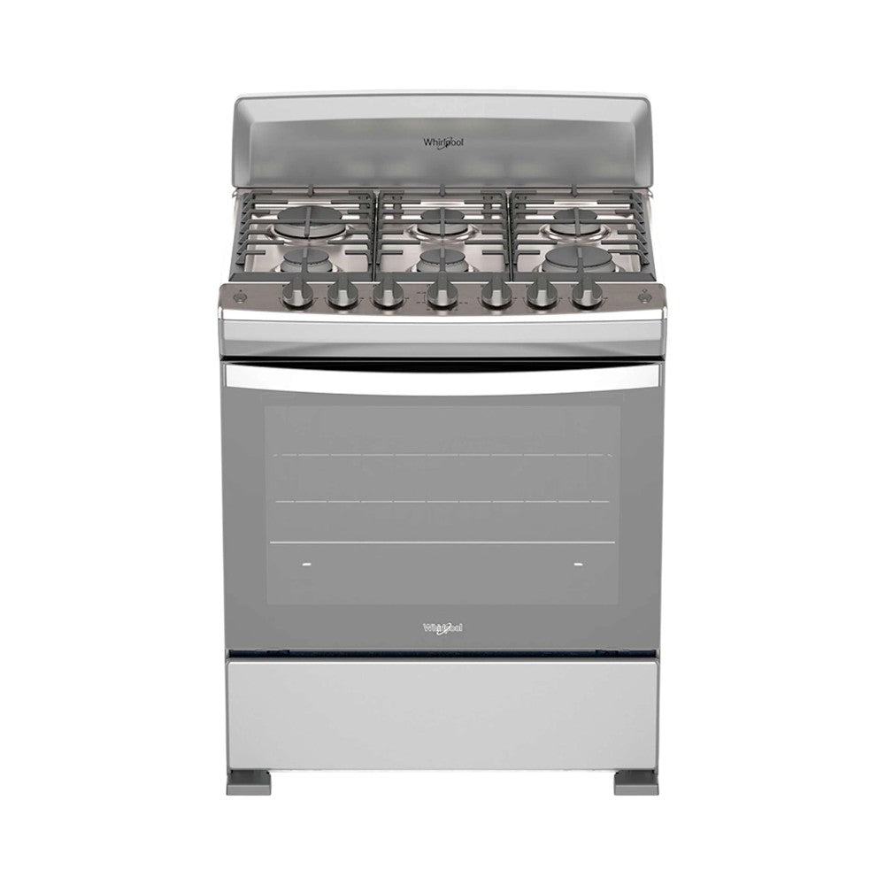Estufa Whirlpool 30 pulg de piso, gas de 6 quemadores, parrillas de hierro fundido, encendido electrónico y horno con luz interior. En Titán Panamá.