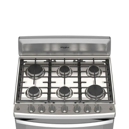 Estufa Whirlpool 30 pulg de piso, gas de 6 quemadores, parrillas de hierro fundido, encendido electrónico y horno con luz interior. En Titán Panamá.