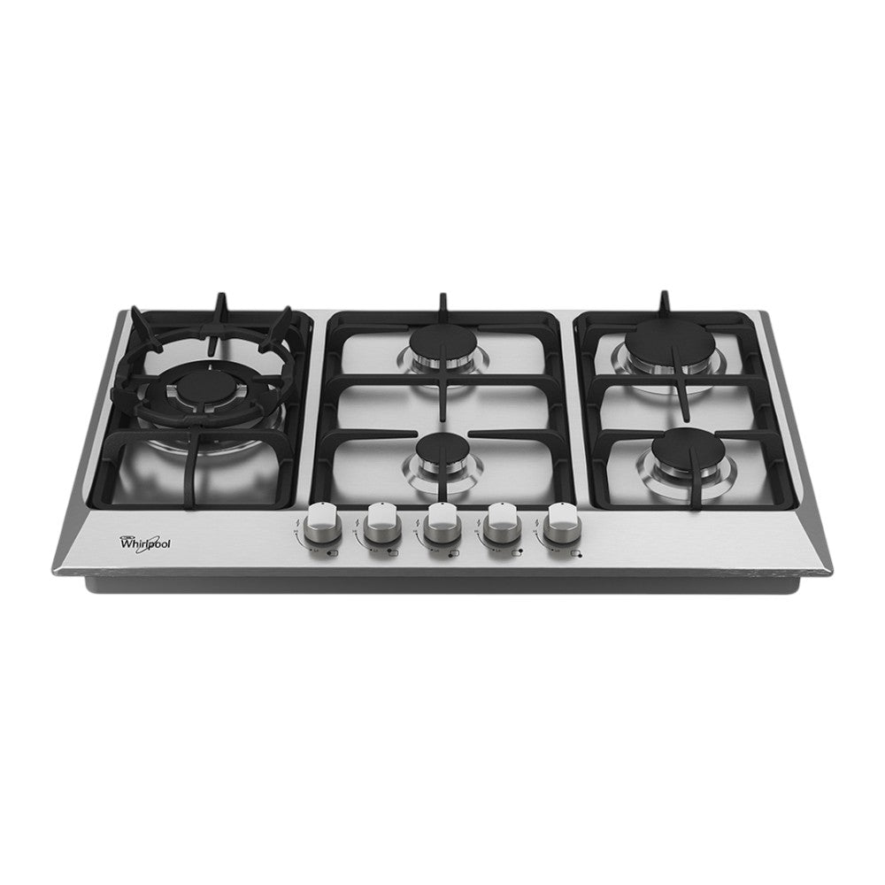 Estufa empotrable Whirlpool 30 pulg WP3040S a gas, 5 quemadores, encendido electrónico, parrillas de hierro fundido y superficie en acero inoxidable. En Titán Panamá.