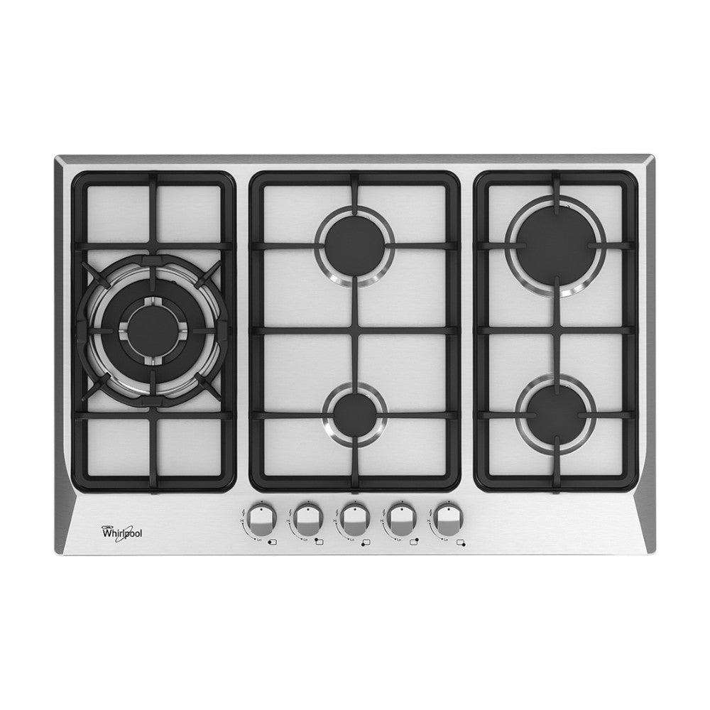 Estufa empotrable Whirlpool 30 pulg WP3040S a gas, 5 quemadores, encendido electrónico, parrillas de hierro fundido y superficie en acero inoxidable. En Titán Panamá.