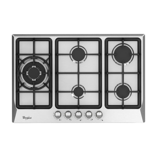 Estufa empotrable Whirlpool 30 pulg WP3040S a gas, 5 quemadores, encendido electrónico, parrillas de hierro fundido y superficie en acero inoxidable. En Titán Panamá.