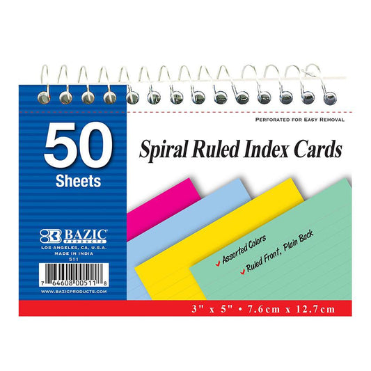 Fichas Rayadas Espiral Bazic de Colores 3" x 5"