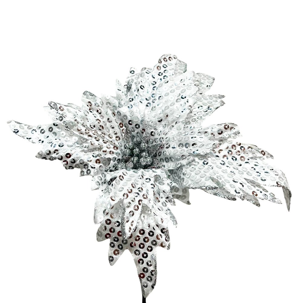 Flor Navideña 19 CM Blanco/Plateado - Montefiori Christmas