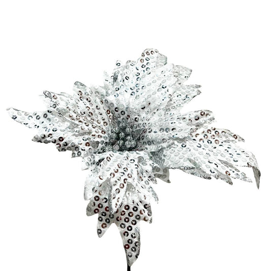 Flor Navideña 19 CM Blanco/Plateado - Montefiori Christmas