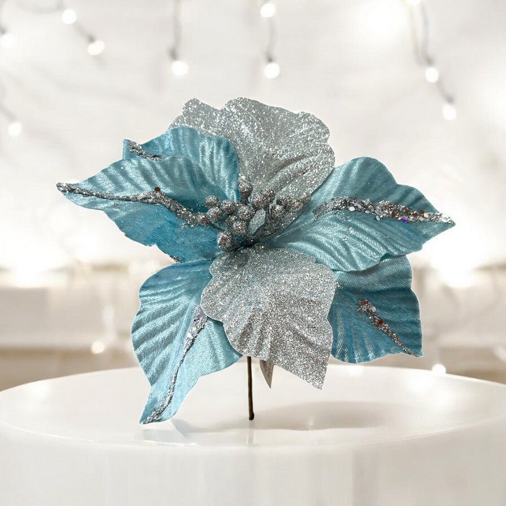 Flor Navideña Poinsettia 25 Cm Celeste/Gris - Montefiori Christmas - Titan.com.pa - 7453114846621