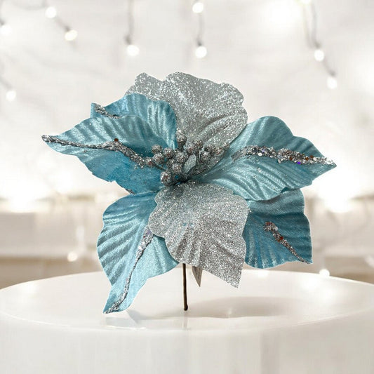 Flor Navideña Poinsettia 25 Cm Celeste/Gris - Montefiori Christmas - Titan.com.pa - 7453114846621