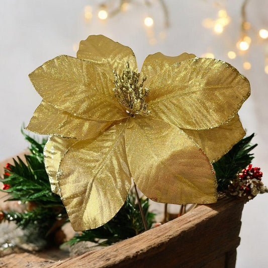Flor Navideña Poinsettia 27 Cm Dorado - Montefiori Christmas - Titan.com.pa - +