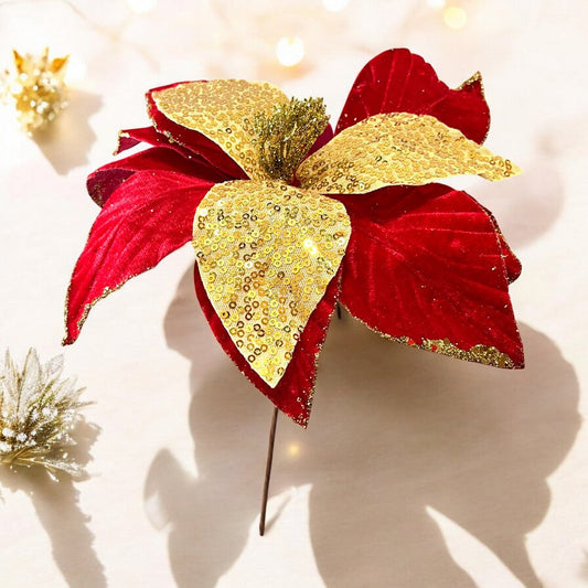 Flor Navideña Poinsettia / 30 cm / Rojo y Dorado / Montefiori Christmas - Montefiori Christmas - Titan.com.pa - 7453121014389