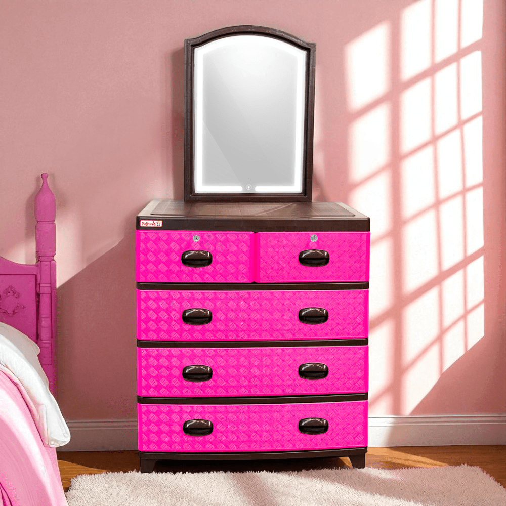 Gavetero Supremo 4N C/Espejo LED. ¡Dale vida a tu espacio con este tocador práctico, seguro y lleno de color! Organiza con estilo en Titán Panamá.