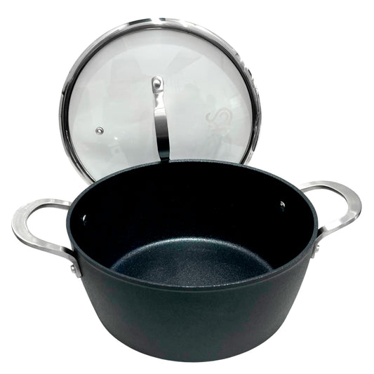 Ollas 24 CM Antiadherente Negro Con Tapa De Vidrio Kitchen Star - Home Elegance