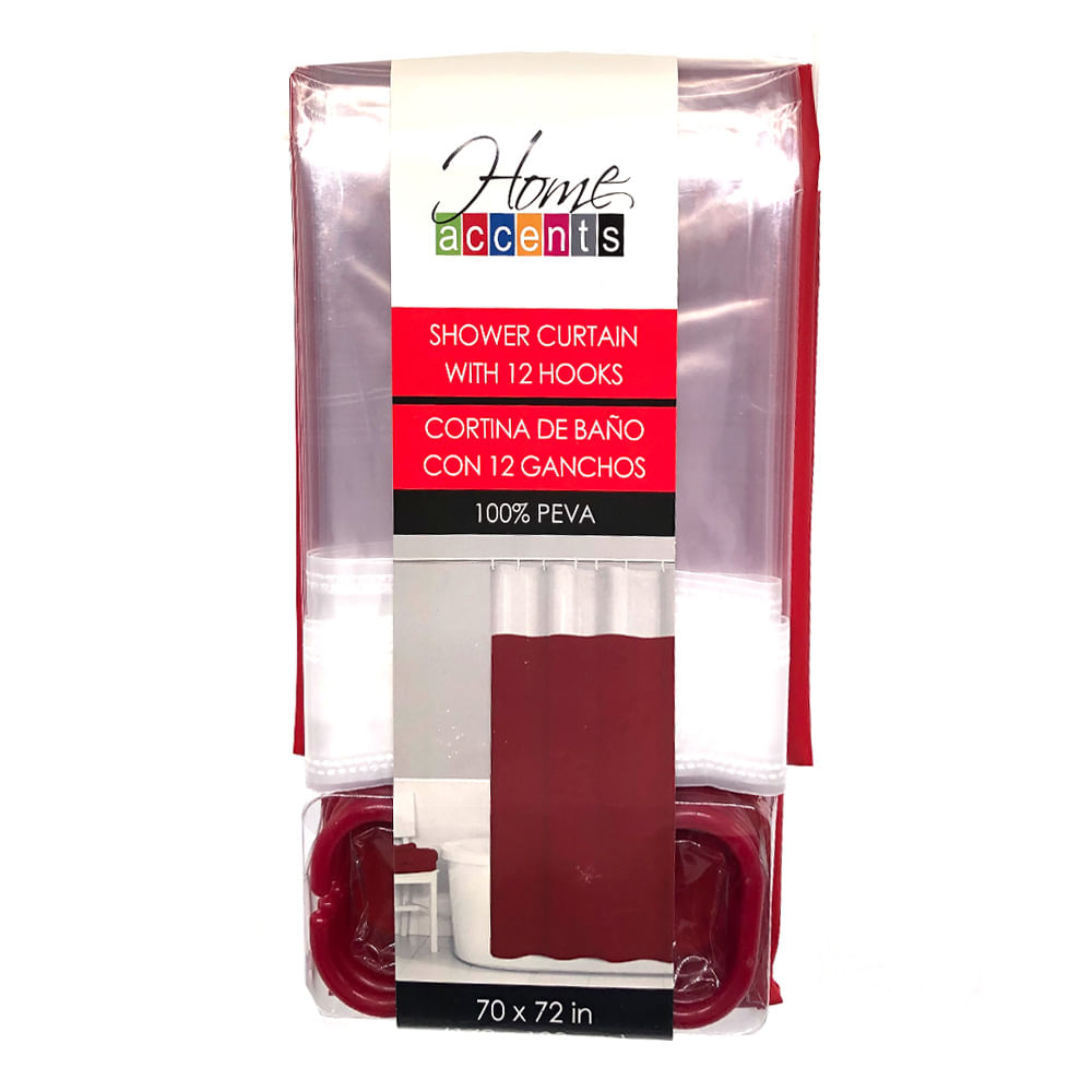Cortina Para Baño Home Accents Con Ganchos 70" X 72" - Rojo oscuro