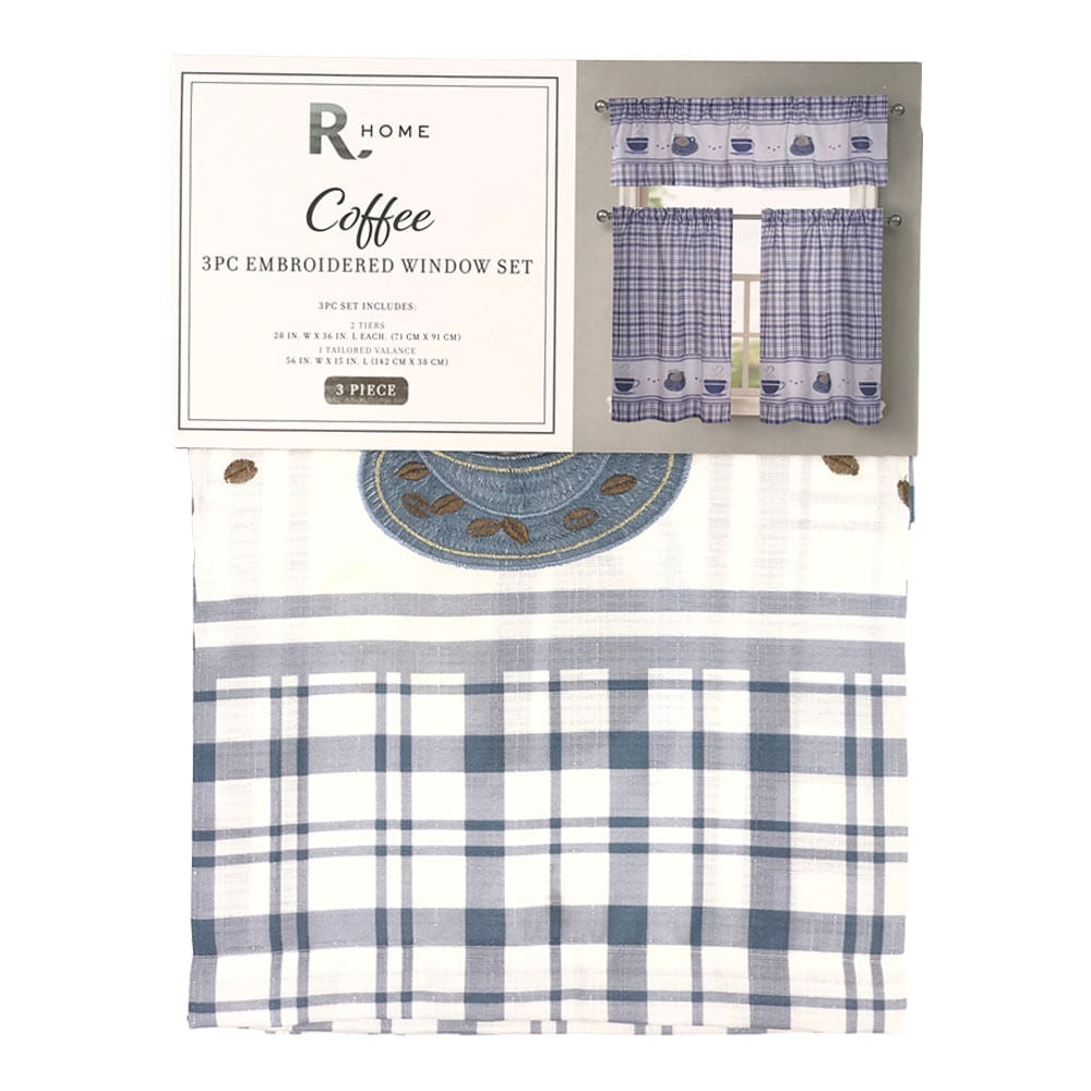 Cortina Para Cocina Regal Home Coffee Bordada 3 Piezas - Azul claro