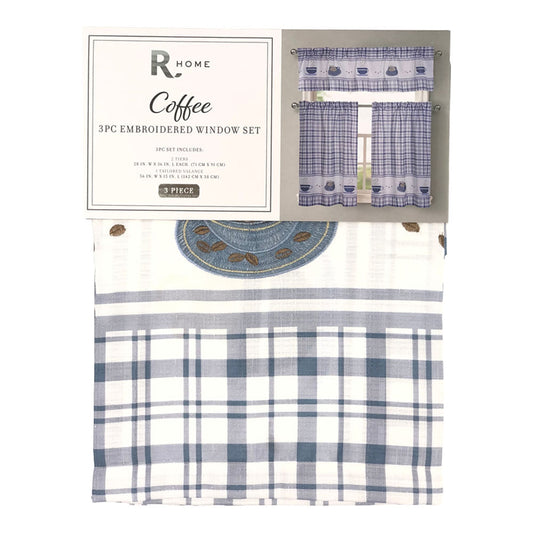 Cortina Para Cocina Regal Home Coffee Bordada 3 Piezas - Azul claro