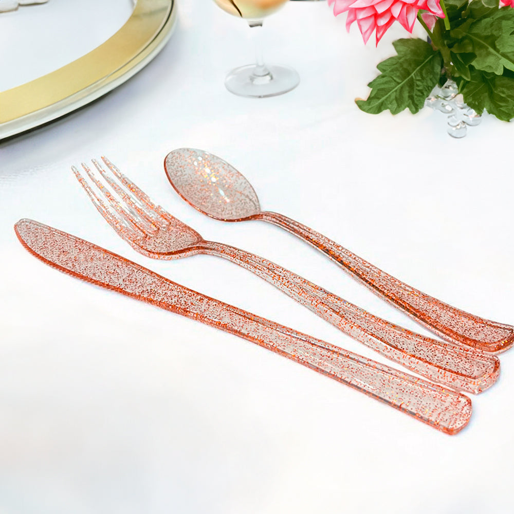 Cubiertos Plástico Lillian / 48 Piezas / Rose Gold Glitter