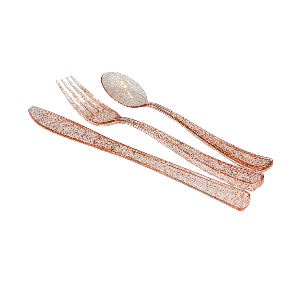 Cubiertos Plástico Lillian / 48 Piezas / Rose Gold Glitter