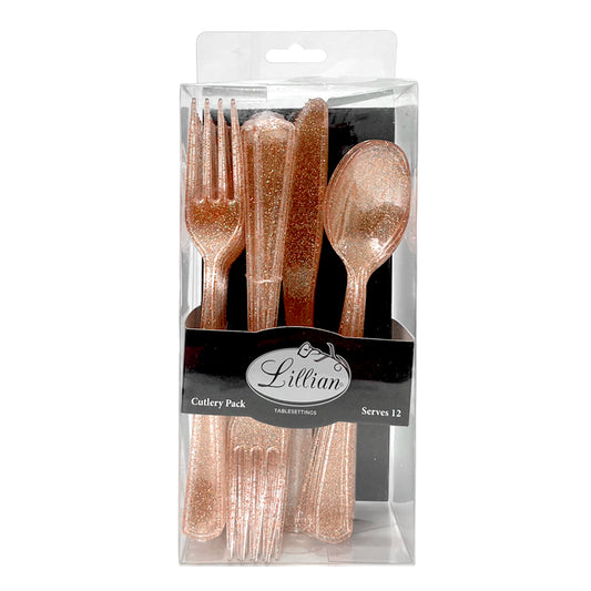 Cubiertos Plástico Lillian / 48 Piezas / Rose Gold Glitter