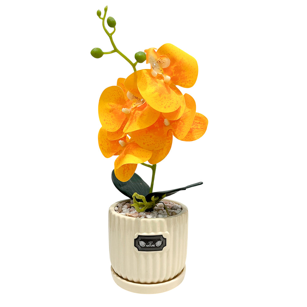 Orquídea artificial en pote decorativo para el hogar.