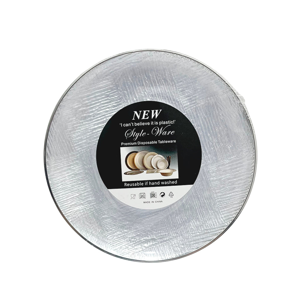 Platos reutilizables Home Elegance de 7 pulgadas con borde plateado.