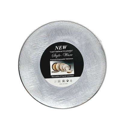 Platos reutilizables Home Elegance de 7 pulgadas con borde plateado.