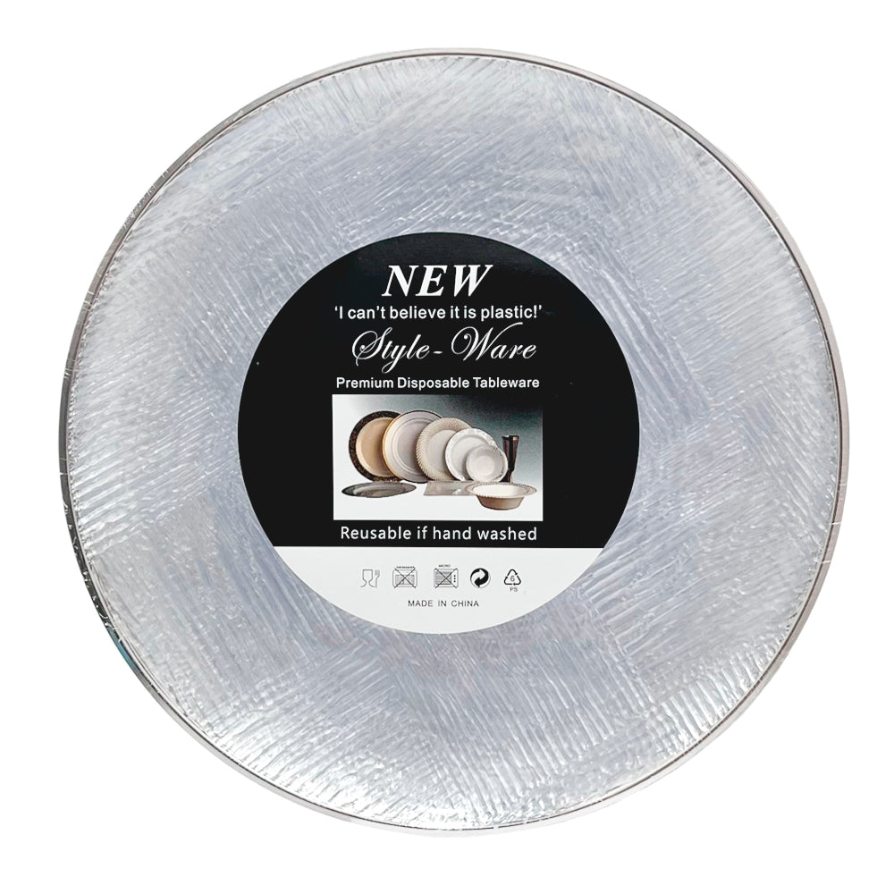 Platos reutilizables Home Elegance de 10 pulgadas con borde plateado.