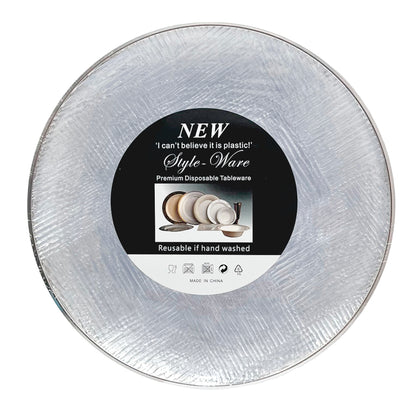 Platos reutilizables Home Elegance de 10 pulgadas con borde plateado.