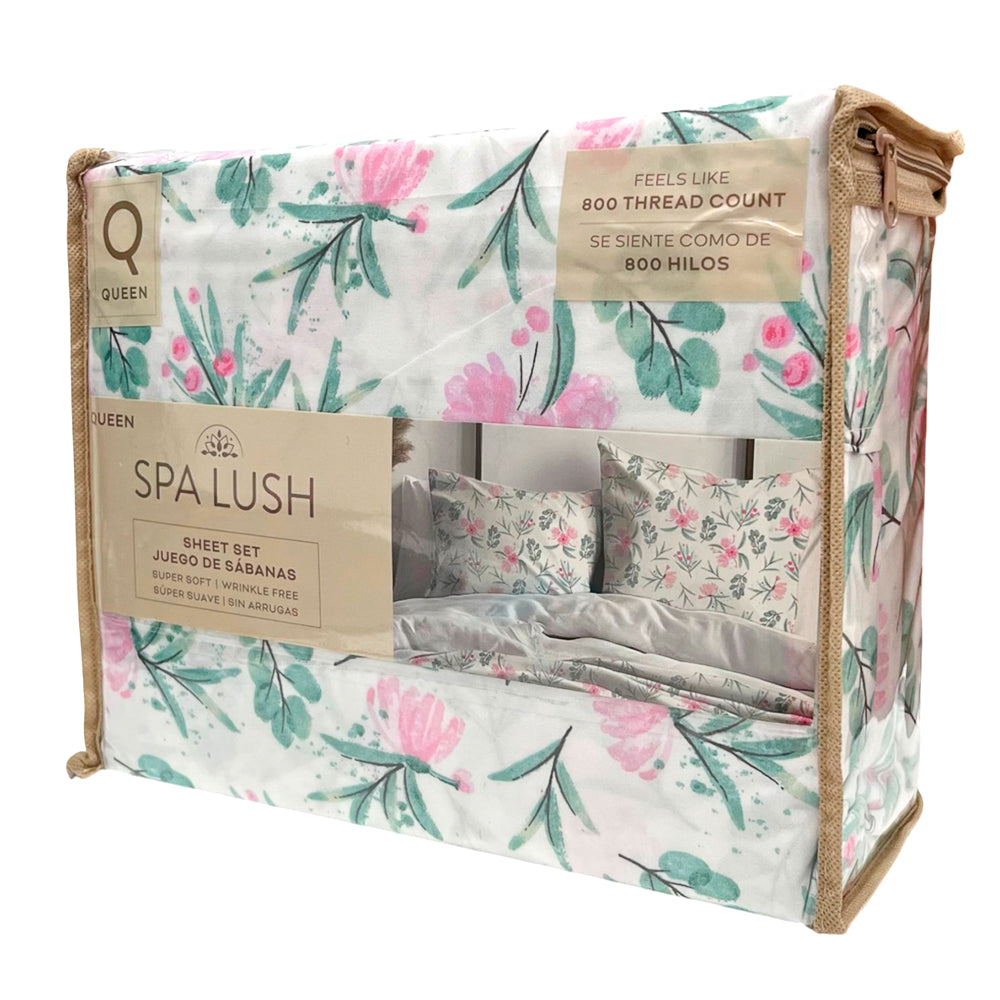 Sábana Queen 4 Piezas Blanco Estampado - Spa Lush