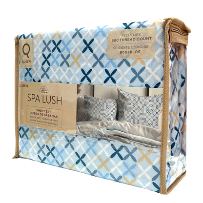 Sábana Queen 4 Piezas Celeste Estampado - Spa Lush