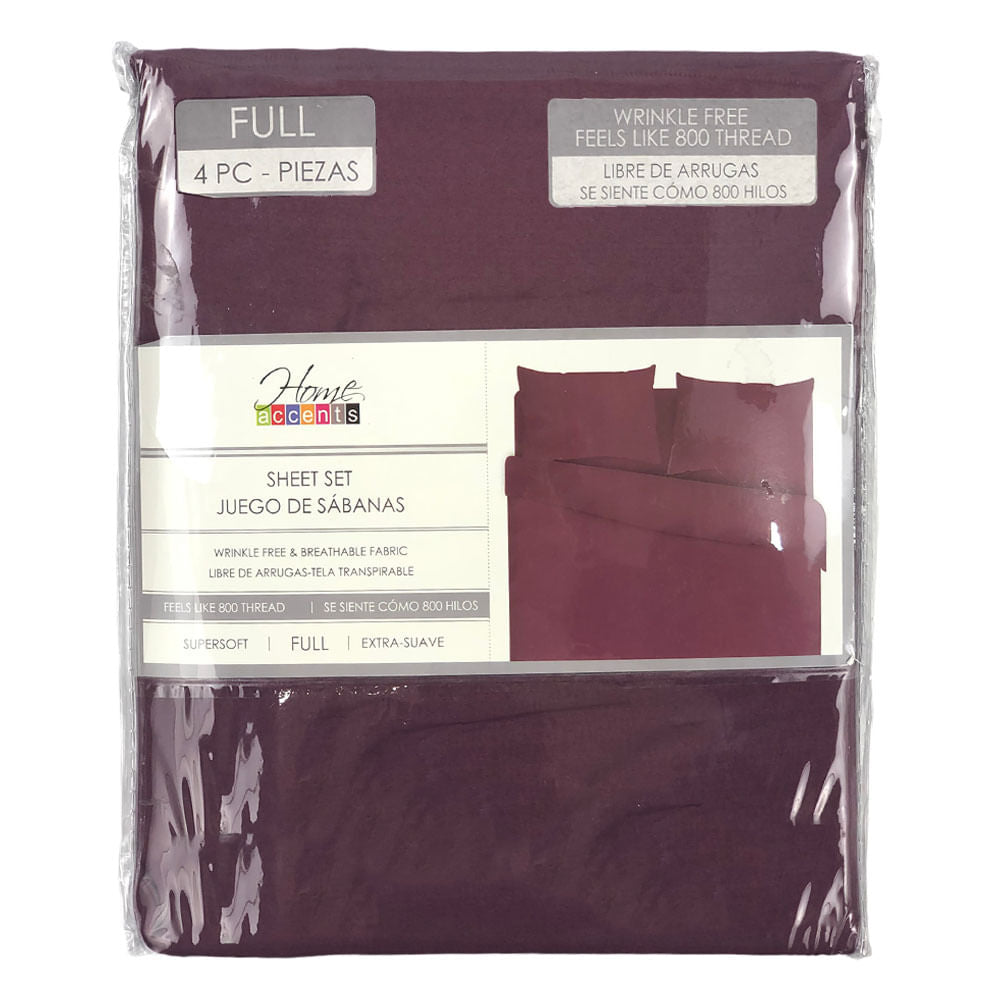 Sábana Home Accents 4 Piezas Rojo Oscuro - QUEEN