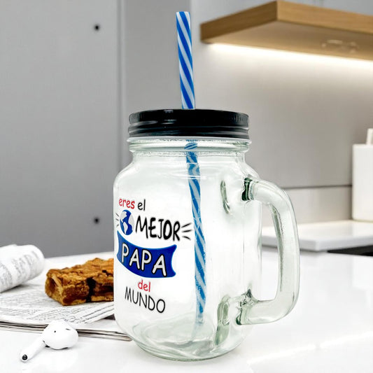 Vaso de vidrio Beneli Home Con Tapa Y Carrizo / El Mejor Papá del Mundo