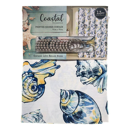 Cortina Para Baño Rt Designer Coastal Sunshell de Tela 13 Piezas