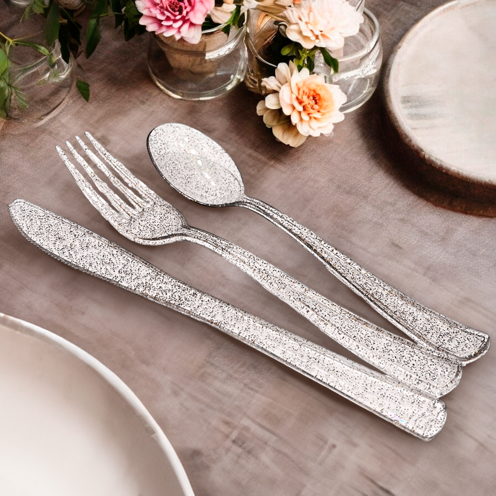 Cubiertos Plástico Lillian / 48 Piezas / Silver Glitter