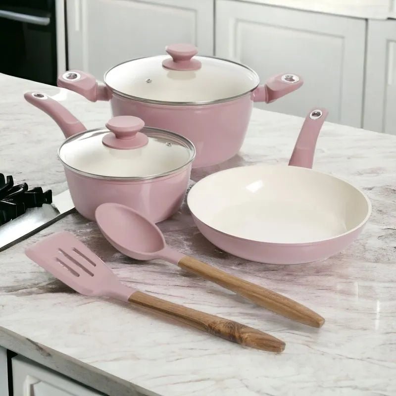 Juego de Ollas y Sartén Gibson Plaza Café Rosado 7 Piezas - Gibson - Titan.com.pa - 085081470591