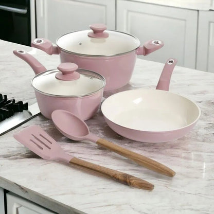 Juego de Ollas y Sartén Gibson Plaza Café Rosado 7 Piezas - Gibson - Titan.com.pa - 085081470591