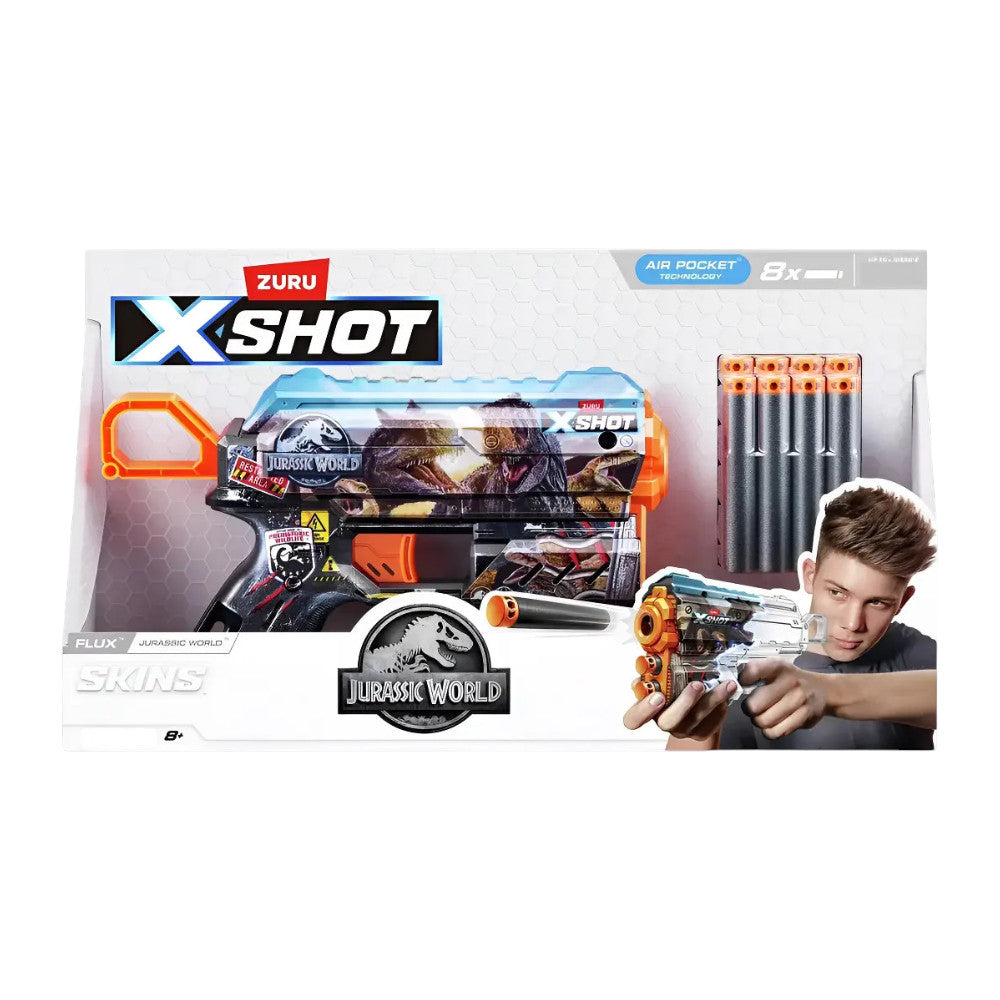 Lanzador X-Shot Skins Flux Jurassic Serie 1 con 8 Dardos de Espuma