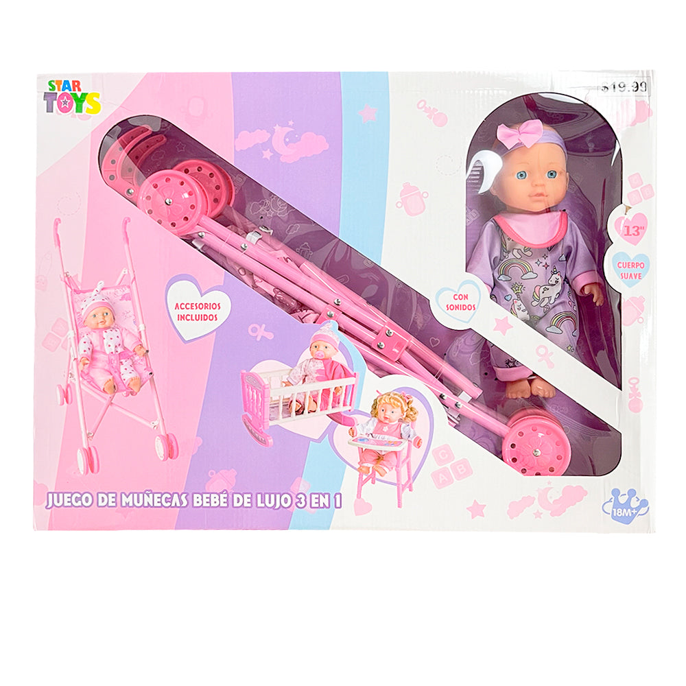 Muñeca Bebé con Cuna - Silla - Coche / Star Toys
