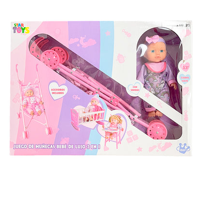 Muñeca Bebé con Cuna - Silla - Coche / Star Toys