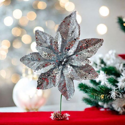 Pick Navideño Flor 22 Cm Plateado